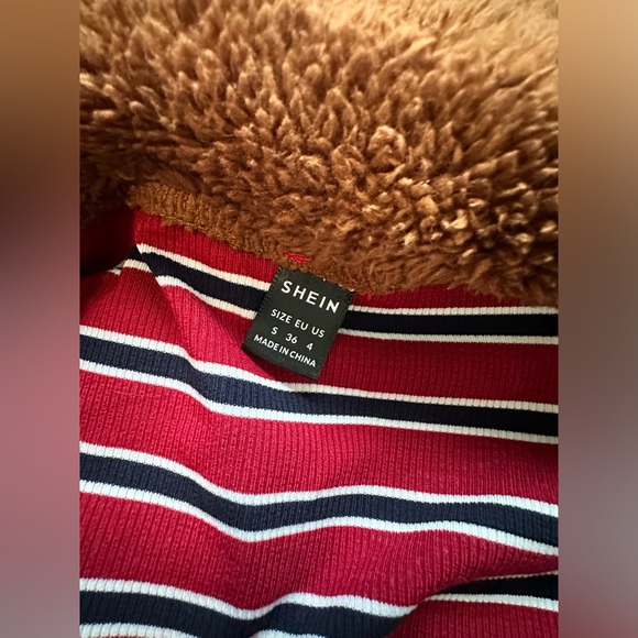 Womens Small Striped Print Zip Up T-Shirt red black white - Picture 10 of 12